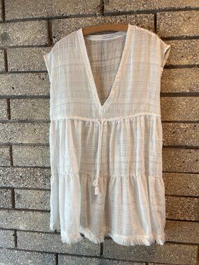 Robin Piccone White Boho-Style Tiered Tunic Dress With Tassel Ties & Fringed Hem